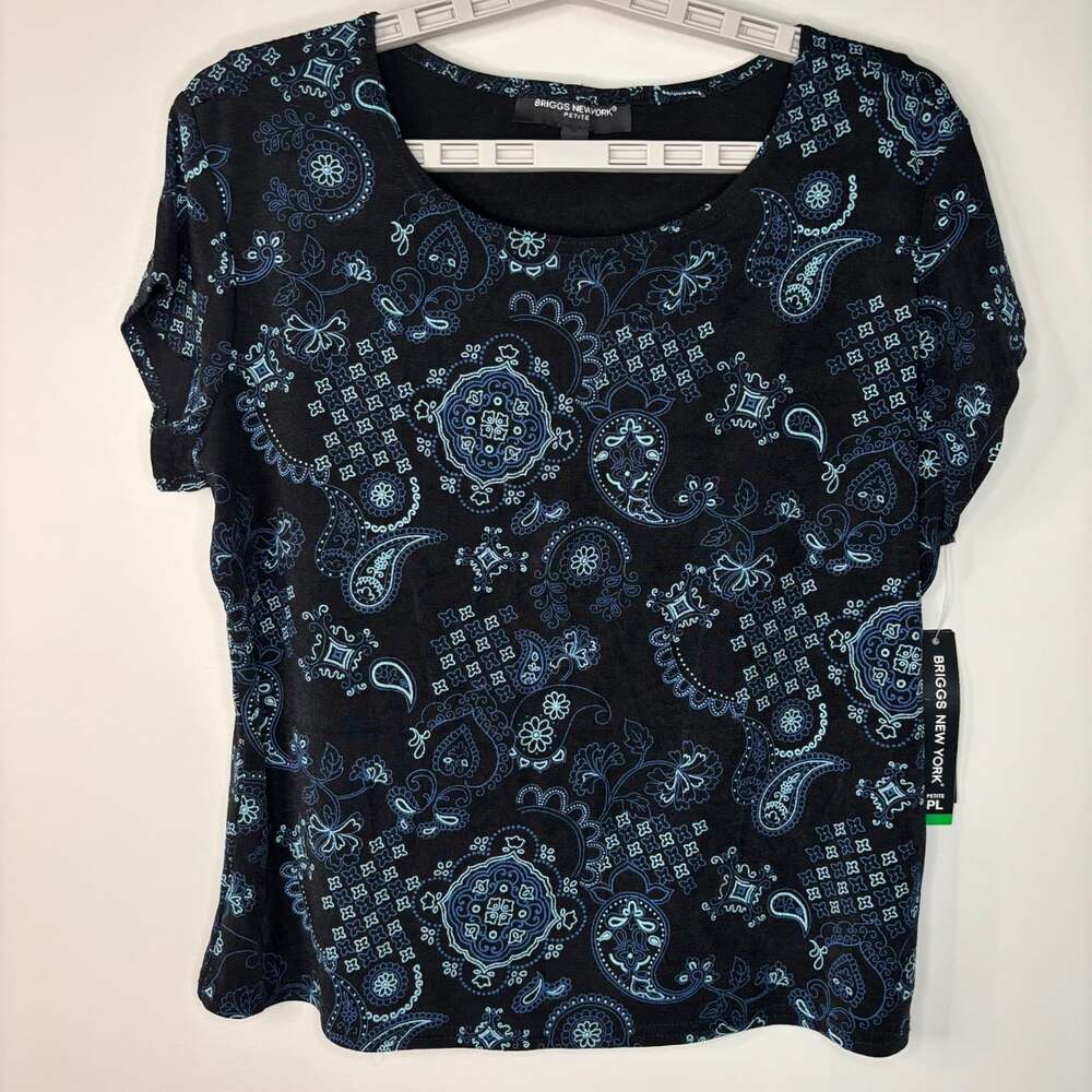 Briggs NEW short sleeve top womens LP black blue paisley stretch round neck
